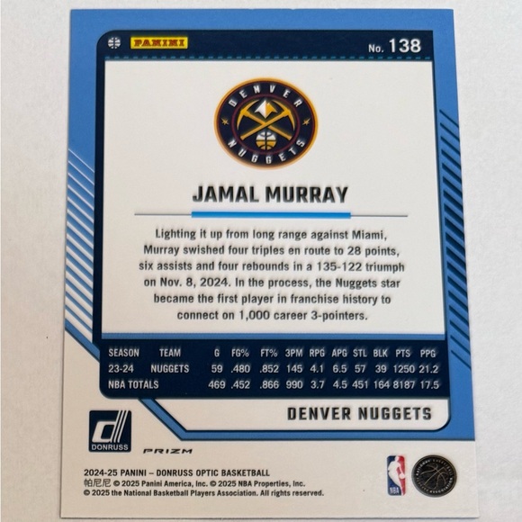 2024/25 Panini- Donruss Optic Basketball Jamal Murray # 138 Denver Nuggets - Picture 7 of 9